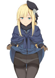 Rule 34 | 1girl, aqua eyes, blonde hair, blue dress, brown gloves, clothes lift, cowboy shot, dress, dress lift, fate (series), gloves, grin, hat, lifting own clothes, long hair, lord el-melloi ii case files, panties, panties under pantyhose, pantyhose, reines el-melloi archisorte, sidelocks, simple background, smile, solo, terry (pixiv3274443), thighband pantyhose, underwear, white panties