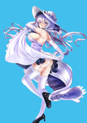 Rule 34 | 1girl, ass, azur lane, blue background, blue eyes, blue hair, blunt bangs, breasts, closed mouth, clothes lift, detached collar, dress, dress lift, full body, garter belt, gloves, hasaya, hat, highleg, highleg panties, highres, illustrious (azur lane), jewelry, large breasts, lifting own clothes, lingerie, long hair, necklace, panties, simple background, smile, solo, thighhighs, underwear, very long hair, white panties, white thighhighs