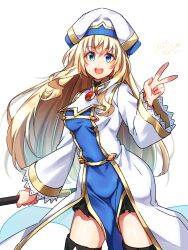 Rule 34 | 1girl, :d, black skirt, blonde hair, blue eyes, commentary request, cowboy shot, dated, frills, goblin slayer!, highres, holding, kankitukou, long hair, long sleeves, looking at viewer, open mouth, partial commentary, priestess (goblin slayer!), robe, simple background, skirt, smile, solo, v, white background, white headwear, white robe, wide sleeves