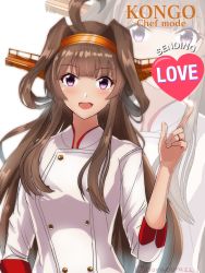 Rule 34 | 1girl, ahoge, alternate costume, brown hair, chef, commentary request, double bun, hair bun, hairband, highres, jewelry, kantai collection, kongou (kancolle), long hair, looking at viewer, purple eyes, ring, roko roko (doradorazz), shirt, smile, solo, upper body, wedding ring, white shirt, zoom layer