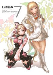 Rule 34 | 2girls, animal ear headphones, animal ears, animal hands, bad id, bad pixiv id, blonde hair, blue eyes, boots, breasts, cat ear headphones, collar, crying, defeat, dress, emilie de rochefort, fake animal ears, fang, fingerless gloves, gloves, gradient background, headphones, highres, idol, jisper2002, knee boots, large breasts, long hair, lucky chloe, multiple girls, namco, paw gloves, simple background, tekken, tekken 7, thigh boots, thighhighs, torn clothes, v, white dress