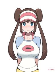 Rule 34 | 1girl, blue eyes, blush, bow, brown hair, calendarv, closed mouth, collarbone, creatures (company), dated, double bun, game freak, hair bun, highres, long hair, looking at viewer, nintendo, nose blush, pantyhose, pink bow, pokemon, pokemon bw2, raglan sleeves, rosa (pokemon), shirt, short sleeves, shorts, simple background, solo, t-shirt, twintails, upper body, very long hair, visor cap, white background, yellow shorts