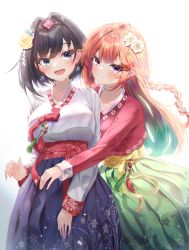 Rule 34 | 2girls, :d, alternate costume, backlighting, black hair, blue eyes, blush, braid, ciawasemono, closed mouth, commentary, earrings, english commentary, flower, gradient hair, green hair, hair flower, hair intakes, hair ornament, hanbok, highres, hololive, hololive english, jewelry, korean clothes, long hair, mixed-language commentary, multicolored hair, multiple girls, open mouth, orange hair, ouro kronii, purple eyes, short hair, simple background, smile, takanashi kiara, virtual youtuber, white background, white flower, yellow flower