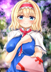 Rule 34 | 1girl, alice margatroid, arm up, between breasts, blonde hair, blue dress, blue eyes, blurry, blurry background, blush, bow, box, breasts, capelet, closed mouth, cloud, cloudy sky, commentary request, dress, eyes visible through hair, fingernails, frills, hair between eyes, hairband, hand on own chest, hands up, highres, large breasts, leaf, looking at viewer, necktie, necktie between breasts, night, night sky, pink necktie, purple sky, red bow, red hairband, reijing etrn, short hair, sky, smile, solo, sparkle, standing, touhou, tree, white capelet