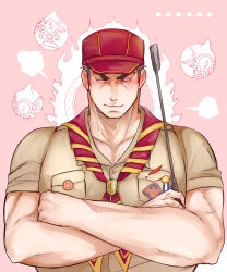 Rule 34 | ..., 1boy, aizen (housamo), averting eyes, bara, baseball cap, black hair, blush, camping, crossed arms, frown, hat, highres, itaru (kidomh63), large pectorals, long sideburns, looking to the side, male focus, mature male, muscular, muscular male, official alternate costume, pectoral cleavage, pectorals, pink background, short hair, shy, sideburns, solo, thick eyebrows, tokyo houkago summoners, tsundere, upper body, wrinkled skin