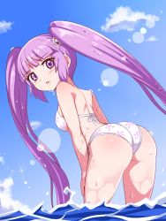 Rule 34 | 1girl, ass, bare shoulders, bikini, blush, breasts, cougar (cougar1404), from behind, leaning, leaning forward, long hair, looking at viewer, open mouth, purple eyes, purple hair, shiny skin, sideboob, solo, sophie (tales), swimsuit, tales of (series), tales of graces, twintails, very long hair, water, wedgie, wet, wet hair