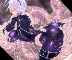 Rule 34 | 1girl, ass, back, blue hair, blush, bodysuit, breasts, covered erect nipples, glasses, groping, large breasts, light blue hair, maid headdress, open mouth, original, restrained, shiny clothes, short hair, skin tight, slime (substance), solo, tentacles, thighhighs, tongue, tongue out, uni96 (uknee96), yellow eyes