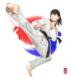 Rule 34 | 1girl, barefoot, belt, black belt, black hair, blunt bangs, brown eyes, clenched hands, closed mouth, dougi, eyebrows, female focus, foreshortening, glimja, highres, kicking, korean text, long hair, long sleeves, martial arts belt, mature female, md5 mismatch, multicolored background, resized, resolution mismatch, short hair, smile, soles, solo, source smaller, sportswear, taekwondo, upscaled
