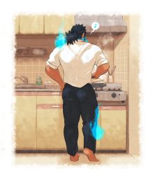 Rule 34 | 1boy, bara, black hair, blue fire, commentary request, cooking, dark-skinned male, dark skin, fire, from behind, kitchen, long hair, male focus, muscular, muscular male, ponytail, sandayu (housamo), solo, spiked hair, tokyo houkago summoners, tsuna (so da77)