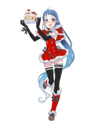 Rule 34 | 10s, 1girl, ahoge, black gloves, black thighhighs, blue eyes, blue hair, blush, boots, branch (blackrabbits), cake, christmas, commentary request, dress, elbow gloves, food, fur trim, gloves, kantai collection, long hair, matching hair/eyes, open mouth, red dress, samidare (kancolle), santa costume, smile, solo, swept bangs, thighhighs, very long hair, zettai ryouiki