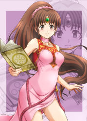 Rule 34 | 1girl, blush, book, breasts, brown eyes, brown hair, circlet, collarbone, commentary request, dress, fire emblem, fire emblem: mystery of the emblem, fujii satoshi, hair ornament, hair scrunchie, holding, holding book, light blush, light smile, linde (fire emblem), long dress, long hair, looking at viewer, medium breasts, nintendo, pink dress, pink scrunchie, ponytail, scrunchie, side slit, solo, very long hair, zoom layer