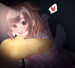 Rule 34 | 1girl, animal ears, blunt bangs, brown eyes, brown hair, calling, cellphone, dog ears, dog girl, extra ears, heart, holding, holding phone, hololive, hugging object, inugami korone, leg up, long hair, long sleeves, lying, on stomach, open mouth, pajamas, phone, pillow, pillow hug, pink pajamas, pink socks, puffy long sleeves, puffy sleeves, sidelocks, sleeves past wrists, smartphone, socks, solo, speech bubble, striped clothes, striped socks, tsushi, virtual youtuber, white socks