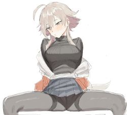 Rule 34 | 1girl, arknights, black pantyhose, black skirt, black sweater, blonde hair, blush, breasts, brown eyes, cameltoe, closed mouth, feet out of frame, jacket, large breasts, leaning back, looking away, looking down, looking to the side, mayer (arknights), miniskirt, off shoulder, open clothes, open jacket, pantyhose, pleated skirt, short hair with long locks, sidelocks, simple background, sitting, skirt, solo, spread legs, suisogenshi, sweater, tail, thighband pantyhose, upskirt, white background, white jacket