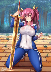 Rule 34 | 1girl, adsouto, arm up, blue jacket, blue pants, breasts, closed mouth, covered navel, day, flaming sword, flaming weapon, full body, gym uniform, hair ribbon, highres, holding, holding sword, holding weapon, jacket, kneeling, large breasts, looking at viewer, outdoors, pants, planted, planted sword, planted weapon, rakudai kishi no cavalry, red hair, ribbon, shirt, shoes, sidelocks, signature, smile, sneakers, solo, stella vermillion, sweat, sword, track jacket, track pants, tree, two side up, weapon, wet, wet clothes, wet shirt, white shirt