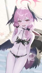 Rule 34 | 1girl, absurdres, bikini, black bikini, black wings, blue archive, blush, book, breasts, feathered wings, floral print, halo, head wings, highres, koharu (blue archive), koharu (swimsuit) (blue archive), long hair, looking at viewer, low twintails, low wings, nakar34ra, navel, open mouth, pink eyes, pink hair, pink halo, print bikini, signature, small breasts, solo, starfish, swimsuit, twintails, twitter username, wavy mouth, wings