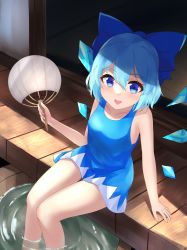 Rule 34 | 1girl, absurdres, bare legs, blue dress, blue eyes, blue hair, blue ribbon, bow, breasts, cirno, dress, fairy wings, hair bow, highres, ice, ice wings, kurokimono001, legs together, looking at viewer, open mouth, ribbon, short dress, short hair, small breasts, solo, thighs, touhou, wings
