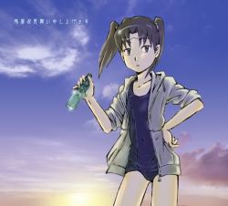 Rule 34 | 00s, amasawa yuuko, brown hair, dennou coil, glasses, jacket, lowres, one-piece swimsuit, ramune, school swimsuit, short hair, sleeves rolled up, solo, swimsuit, twintails