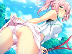 Rule 34 | &gt;:), 1girl, ass, blush, breasts, clothes lift, cloud, cloudy sky, day, fence, game cg, holding, large breasts, leaning forward, lifted by self, marushin (denwa0214), midriff, naughty face, panties, pink hair, racket, seductive smile, shirato usagi, short hair, skirt, skirt lift, sky, smile, solo, sportswear, supokon! sports wear complex, tennis, tennis court, tennis racket, tennis uniform, tree, trefoil, twintails, underwear, upskirt, v-shaped eyebrows, white panties, wristband, yellow eyes