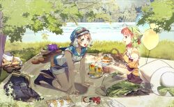 +_+ absurdres ahoge all_fours alphive apple bag balloon blue_eyes blush boots bow brown_hair buttons cake chika_(genjitsu_no_yohane) collarbone croissant dress feet flower food forest fork frills fruit genjitsu_no_yohane goggles grapes grass hair_ornament hat highres kneehighs knife lake looking_at_another looking_to_the_side love_live! love_live!_sunshine!! multiple_girls nature on_grass on_ground open_mouth orange_hair outdoors picnic picnic_basket red_eyes river sailor_collar seiza short_hair shorts sitting skirt smile socks strawberry sun_hat takami_chika teeth thighs tree upper_teeth_only watanabe_you water you_(genjitsu_no_yohane) yuri