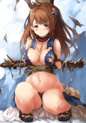 Rule 34 | 10s, 1girl, arms behind back, bad id, bad pixiv id, bare shoulders, bdsm, beatrix (granblue fantasy), black footwear, blue vest, bondage, bound, bound arms, breasts, buckle, cleavage, closed mouth, collar, collarbone, cross, eyebrows, frown, full body, granblue fantasy, hair ornament, hairpin, large breasts, looking at viewer, navel, open clothes, open vest, restrained, shibari, shoes, solo, spikes, squatting, stomach, suzuame yatsumi, thighs, vest, wavy mouth