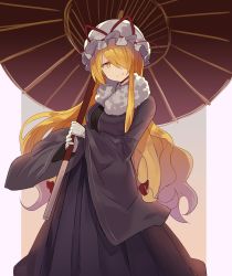 Rule 34 | 1girl, alternate costume, black skirt, blonde hair, border, breasts, commentary request, falken (yutozin), feet out of frame, fur trim, gloves, grey background, grey robe, hair over one eye, hat, hat ribbon, head tilt, highres, holding, holding umbrella, large breasts, long hair, long skirt, long sleeves, looking at viewer, mob cap, oil-paper umbrella, one-hour drawing challenge, outside border, pleated skirt, purple border, red ribbon, ribbon, robe, simple background, single sidelock, skirt, smile, solo, standing, touhou, umbrella, very long hair, white gloves, white hat, wide sleeves, yakumo yukari, yellow eyes