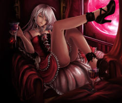 Rule 34 | 00s, 1girl, ahoge, akashiya moka, alcohol, artist request, ass, bare legs, collar, couch, cup, dress, drinking glass, full body, gem, head tilt, holding, holding cup, holding drinking glass, inner moka, legs up, long hair, looking at viewer, moon, on couch, pearl (gemstone), red dress, red moon, red theme, rosario+vampire, silver hair, solo, upskirt, wine, wine glass