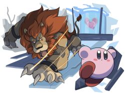 Rule 34 | animal ears, battle, blush stickers, claws, colored skin, debris, fangs, fecto forgo, fecto forgo (larva), furry, furry male, highres, kirby, kirby (series), kirby and the forgotten land, leongar, lion ears, lion tail, mane, nintendo, open mouth, pink skin, poyo party, solid oval eyes, tail, wrist cuffs