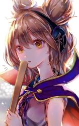 Rule 34 | 1girl, :/, backlighting, bare shoulders, bloom, brown hair, cape, earmuffs, gold trim, grey background, hair between eyes, holding, holding stick, itsumizu, light blush, looking at viewer, orange eyes, parted lips, pink shirt, pointy hair, purple cape, ritual baton, shirt, simple background, sleeveless, sleeveless shirt, solo, stick, touhou, toyosatomimi no miko, upper body