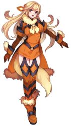 Rule 34 | 1girl, :d, arcanine, archived source, blonde hair, creatures (company), dress, full body, fur-trimmed footwear, fur collar, fur trim, game freak, gen 1 pokemon, gloves, grey eyes, hair intakes, humanization, katagiri hachigou, long hair, nintendo, open mouth, orange dress, orange footwear, orange gloves, orange thighhighs, personification, pokemon, short dress, simple background, smile, solo, thighhighs, white background