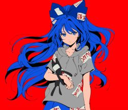 Rule 34 | 1girl, asawa (dm owr), bad id, bad pixiv id, blue eyes, blue hair, blue skirt, bow, commentary request, flat color, floating hair, grey hoodie, hair between eyes, hair bow, hood, hood down, hoodie, long hair, looking at viewer, red background, short sleeves, simple background, skirt, solo, stuffed animal, stuffed cat, stuffed toy, touhou, upper body, very long hair, yorigami shion