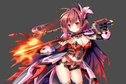 Rule 34 | 1girl, breasts, brown hair, cleavage, fire, flower, kamihime project r, medium breasts, navel, nergal (kamihime), red eyes, revealing clothes, sword, thighs, weapon