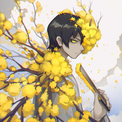 Rule 34 | 1boy, black hair, branch, closed mouth, coat, e.g.o (project moon), flaw eight, flower, flower over eye, grey coat, hair flower, hair ornament, hand fan, holding, holding fan, limbus company, long sleeves, looking at viewer, project moon, solo, upper body, white coat, wide sleeves, wings, yellow eyes, yellow flower, yi sang (project moon)