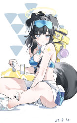 Rule 34 | 1girl, absurdres, animal ears, bare legs, bare shoulders, black hair, blue archive, blue eyes, blush, breasts, cheerleader, closed mouth, crop top, dated, dog ears, dog girl, dog tail, eyewear on head, gloves, goggles, goggles on head, halo, hibiki (blue archive), hibiki (cheer squad) (blue archive), highres, holding, holding pom poms, livetm 08, long hair, looking at viewer, medium breasts, millennium cheerleader outfit (blue archive), miniskirt, official alternate costume, pleated skirt, pom pom (cheerleading), pom poms, simple background, sitting, skirt, solo, star sticker, sticker on arm, sticker on face, sunglasses, tail, white background, white footwear
