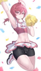 Rule 34 | 1boy, arm up, armpits, awa (awao141), bike shorts, bike shorts under skirt, cheerleader, confetti, highres, holding, indie virtual youtuber, kurameki kyou, looking at viewer, medium hair, midriff, navel, penis, pink eyes, pink hair, pink shirt, pink skirt, pom pom (clothes), second-party source, shirt, shoes, simple background, skirt, small penis, sneakers, solo, trap, virtual youtuber, white background, white footwear