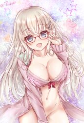 Rule 34 | 1girl, 9-nine-, adjusting eyewear, akirahane, arm between legs, blue eyes, blush, bottomless, bow, bow bra, bra, breasts, brown hair, cleavage, collar, collarbone, covering privates, covering crotch, eyelashes, fingernails, frilled bra, frills, gear hair ornament, glasses, green collar, groin, hair between eyes, hand on eyewear, hand up, head tilt, heart, highres, jacket, kujou miyako, large breasts, long hair, long sleeves, looking at viewer, midriff, navel, no panties, open clothes, open jacket, open mouth, pastel colors, pink bra, pink jacket, red-framed eyewear, red bow, sidelocks, signature, smile, solo, star (symbol), stomach, underwear, very long hair, wavy hair, wing hair ornament