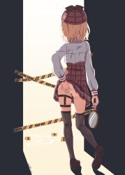 Rule 34 | 1girl, arm at side, ass, ass grab, backlighting, black thighhighs, blonde hair, brown footwear, brown hat, brown ribbon, brown skirt, caution tape, chalk outline, clothes lift, contrapposto, deerstalker, doorway, english text, facing away, from behind, full body, hand on own ass, hat, hat ribbon, highres, holding, holding magnifying glass, hololive, hololive english, kiirokuma, leg belt, long sleeves, magnifying glass, no panties, plaid, plaid headwear, plaid skirt, ribbon, scratching ass, shirt, shoes, short hair, skirt, solo, standing, tan, tanline, thighhighs, virtual youtuber, watson amelia, watson amelia (1st costume), white shirt