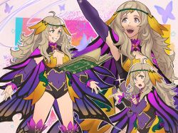 Rule 34 | 1girl, ahoge, arm up, asymmetrical bangs, blonde hair, bodystocking, book, breasts, butterfly wings, cape, captcarrotcake, circlet, cleavage, covered navel, fire emblem, fire emblem fates, fire emblem heroes, floating, floating book, floating object, grey eyes, highres, insect wings, long hair, medium breasts, nintendo, open mouth, ophelia (fire emblem), pantyhose, parted bangs, purple pantyhose, teeth, turtleneck, upper teeth only, wings
