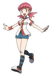 Rule 34 | 00s, 1girl, absurdres, buttons, creatures (company), full body, game freak, gym leader, hair ornament, hairpin, highres, kneehighs, nintendo, official art, open mouth, pink eyes, pink hair, pokemon, pokemon hgss, shoes, shorts, sneakers, socks, solo, standing, striped clothes, striped socks, sugimori ken, transparent background, twintails, whitney (pokemon), wristband