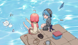 Rule 34 | 2girls, absurdres, afloat, aiming, blue eyes, blue hair, blush, bow, cat, delf, dress, floating, floating object, frilled dress, frilled skirt, frills, hair bow, hat, highres, hololive, hoshimachi suisei, hoshimachi suisei (1st costume), inflatable raft, looking at another, low twintails, multiple girls, open mouth, pink hair, plaid, plaid dress, plaid skirt, plastic bottle, pleated dress, pleated skirt, sakura miko, sakura miko (casual), shark fin, sidelocks, sitting, skirt, string, twintails, virtual youtuber, water