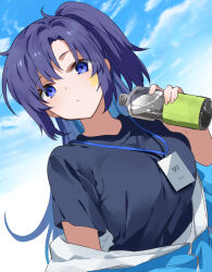 Rule 34 | 1girl, ariko youichi, blue archive, blue eyes, blue jacket, blue shirt, blue sky, bottle, commentary request, day, dutch angle, gym shirt, gym uniform, holding, holding bottle, id card, jacket, jacket partially removed, lanyard, long hair, looking at viewer, official alternate costume, partially unzipped, purple hair, shirt, side ponytail, sidelocks, sky, solo, star sticker, sticker on face, track jacket, upper body, water bottle, yuuka (blue archive), yuuka (track) (blue archive)