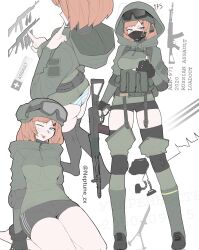Rule 34 | 1girl, adidas, aek-971, ammunition pouch, ass, assault rifle, backpack, bag, bike shorts, black gloves, black mask, black shorts, blue eyes, blue panties, breasts, brown hair, chest rig, combat helmet, defibrillator, earmuffs, fingerless gloves, gloves, goggles, goggles on head, green helmet, green jacket, gun, headset, helmet, highres, holding, holding gun, holding weapon, hood, hooded jacket, jacket, knee pads, long sleeves, looking at viewer, medium breasts, microphone, neptune zx, one eye closed, original, panties, pouch, rifle, short hair, shorts, smile, solo, striped clothes, striped panties, underwear, weapon, whiskers, white panties