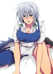 Rule 34 | 1girl, a-a, bad id, blush, braid, breasts, cleavage, dress, female focus, green eyes, izayoi sakuya, large breasts, maid, short hair, silver hair, solo, torn clothes, touhou, twin braids, white background
