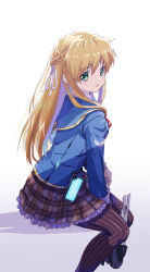 Rule 34 | 1girl, akayama yukihe, between legs, black pantyhose, blonde hair, blue jacket, blush, braid, brown skirt, commentary, eyes visible through hair, feet out of frame, french braid, frilled skirt, frills, from side, green eyes, gun, hair between eyes, hair over shoulder, hair ribbon, hand between legs, heaven burns red, highres, holding, holding gun, holding weapon, jacket, leaning forward, long hair, long sleeves, looking at viewer, miniskirt, open mouth, pantyhose, plaid, plaid skirt, pleated skirt, ribbon, school uniform, sidelocks, simple background, skirt, solo, straight hair, striped clothes, striped pantyhose, toujou tsukasa, vertical-striped clothes, vertical-striped pantyhose, weapon, white background, white ribbon