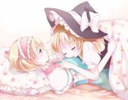 Rule 34 | 2girls, alice margatroid, bad id, bad pixiv id, black dress, blanket, blonde hair, blue dress, blue eyes, bow, breast pillow, capelet, couple, dress, hairband, hand on another&#039;s head, hat, hat bow, kirisame marisa, lolita hairband, lying, lying on person, multiple girls, on back, on stomach, pillow, puffy sleeves, sash, short hair, short sleeves, sleeping, smile, touhou, witch hat, yatomi, yuri
