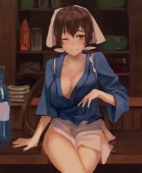 Rule 34 | 1girl, blush, breasts, brown eyes, brown hair, cleavage, closed mouth, commentary request, counter, head scarf, isekai izakaya &quot;nobu&quot;, large breasts, long hair, long sleeves, looking at viewer, noccu, one eye closed, ponytail, senke shinobu, sitting, smile, solo, very long hair, wide sleeves