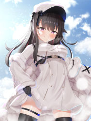 Rule 34 | 1girl, absurdres, azur lane, black gloves, black hair, black thighhighs, blue sky, blush, breasts, cloud, coat, firin, fur trim, gloves, hat, highres, large breasts, lifting own clothes, long hair, long sleeves, looking at viewer, pamiat merkuria (azur lane), purple eyes, russian clothes, sky, smile, solo, thighhighs, tongue, tongue out, underboob, white hat