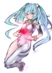 Rule 34 | 1girl, alternate hair length, alternate hairstyle, asymmetrical clothes, ayanami rei, bad id, bad pixiv id, blue eyes, blue hair, breasts, cosplay, covered erect nipples, glowing, ishinomaki, long hair, matching hair/eyes, neon genesis evangelion, plugsuit, plugsuit (cosplay), red eyes, single pantsleg, skin tight, small breasts, smile, solo, twintails, white background
