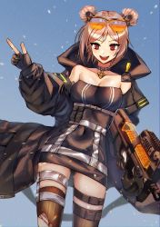 Rule 34 | 1girl, absurdres, ammunition, bare shoulders, breasts, buckle, bullet, bullpup, candy, choker, collarbone, double bun, fn 5.7x28mm, food, gas mask, girls&#039; frontline, gun, hair bun, highres, horizontal magazine, light brown hair, mask, medium breasts, off shoulder, p90, p90 (girls&#039; frontline), pdw cartridge, personal defense weapon, red eyes, see-through, smile, snap-fit buckle, solo, submachine gun, torn clothes, torn legwear, translucent, weapon, xanax025