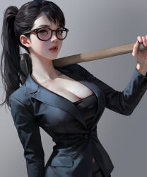 Rule 34 | 1girl, black-framed eyewear, black hair, black jacket, black pants, black shirt, blue eyes, breasts, cleavage, commentary request, glasses, grey background, hammer, highres, holding, holding hammer, j. won han, jacket, korean commentary, lapels, large breasts, leaning to the side, lips, lipstick, long hair, long sleeves, looking at viewer, makeup, minakata hizuru, mole, mole on breast, mole under mouth, nose, over shoulder, pants, parted lips, ponytail, realistic, red lips, shirt, sidelighting, simple background, sledgehammer, suit jacket, summertime render, teeth, upper body, weapon, weapon over shoulder