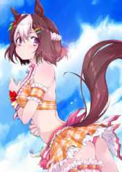 Rule 34 | 1girl, animal ears, arm garter, ass, bead necklace, beads, bikini, blue sky, blush, braid, breasts, brown hair, closed mouth, cloud, cloudy sky, commentary, cowboy shot, day, flower, french braid, frilled bikini, frills, from side, hair between eyes, hair flower, hair ornament, hairclip, hibiscus, horse ears, horse girl, horse tail, jewelry, lens flare, looking at viewer, medium breasts, multicolored hair, necklace, official alternate costume, orange bikini, outdoors, plaid, plaid bikini, purple eyes, ribbon, short hair, sky, solo, special week (hopping vitamin heart) (umamusume), special week (umamusume), standing, streaked hair, swimsuit, tail, thigh strap, two-tone hair, umamusume, white hair, wrist flower, wrist ribbon, yumesato makura